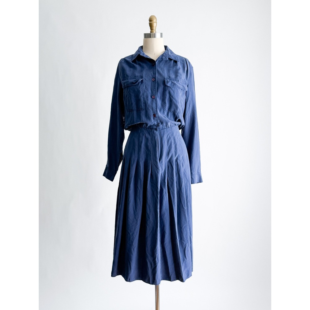 Argenti Silk Shirt Dress Vintage 80s Midi Pleated 10 Blue Long Sleeve Pocket
